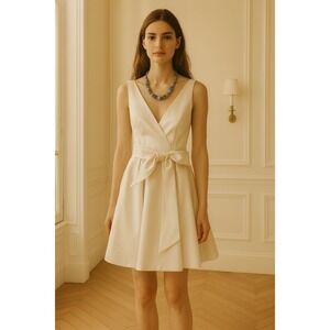 Rachel Zoe Cream V Neck Sleeveless Tie‎ Waist Fit Flare Mini Dress size 6